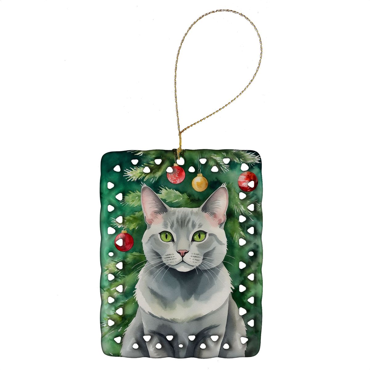 Korat Cat By The Christmas Tree Porcelain Ornament Christmas Tree Hanging Decorations For Home Christmas Holiday, Rectangle, Gift, Multicolor_maomaolike.com