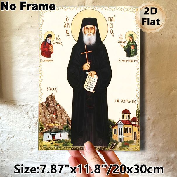 Orthodox Saint Paisios Painting Poster, Traditional Orthodox Icon Style Poster, Sacred Religious Artwork Featuring Accompanying Saints, Holy Buildings_maomaolike.com