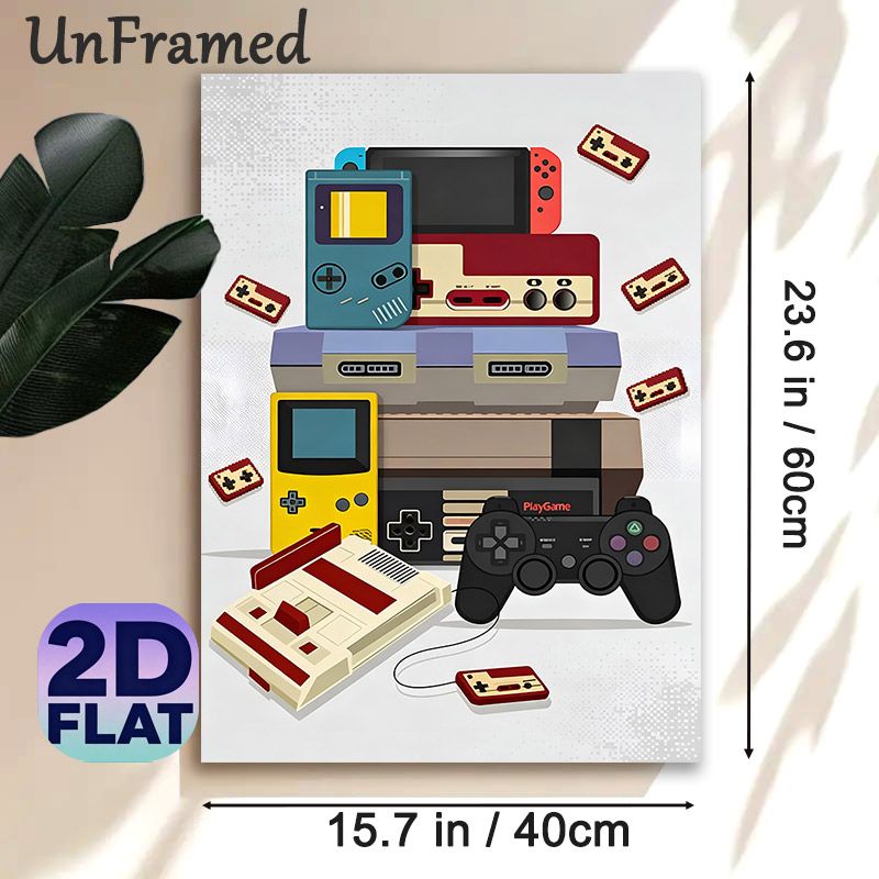Retro Gaming Console Painting Poster, Vibrant Flat-Style Vintage Game Devices Poster, Nostalgic Gaming Decor Ideal For Game Room, Bedroom_maomaolike.com