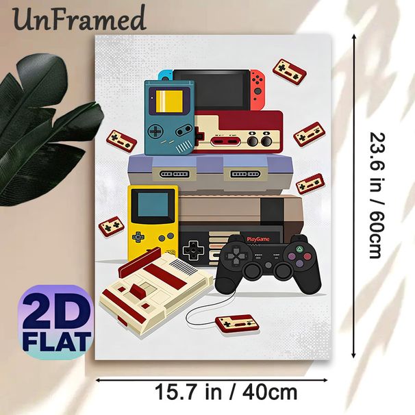 Retro Gaming Console Painting Poster, Vibrant Flat-Style Vintage Game Devices Poster, Nostalgic Gaming Decor Ideal For Game Room, Bedroom_maomaolike.com