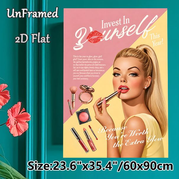 Self-Care Beauty Painting Poster, Vibrant Retro Glam Poster, Stylized Lady Applying Lipstick With Makeup Items & Uplifting Self-care Quote, Ideal For_maomaolike.com