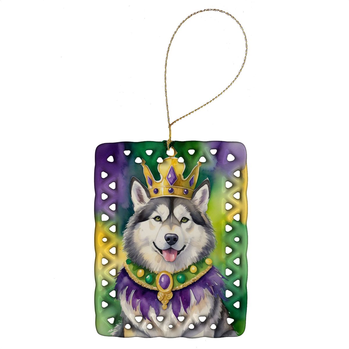 Alaskan Malamute King Of Mardi Gras Porcelain Ornament Christmas Tree Hanging Decorations For Home Christmas Holiday, Rectangle, Gift, Multicolor_maomaolike.com