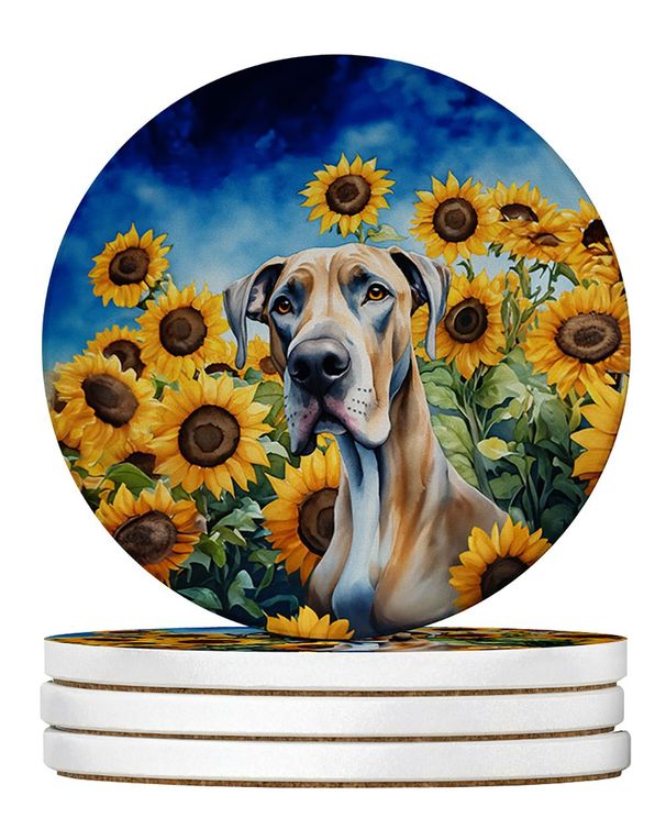 Great Dane In Sunflowers Large Sandstone Coasters Pack Of 4 Absorbent Round Coasters Decor Gifts For Men Or Women, 4 In, Multicolor_maomaolike.com