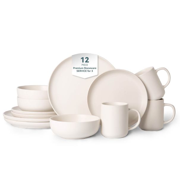 12-Piece Stoneware Dinnerware Sets With Mugs | Microwave & Dishwasher Safe | Non-Toxic Dinner Plates Bowls Set | Stackable Matte Glaze Kitchenware For 3_maomaolike.com