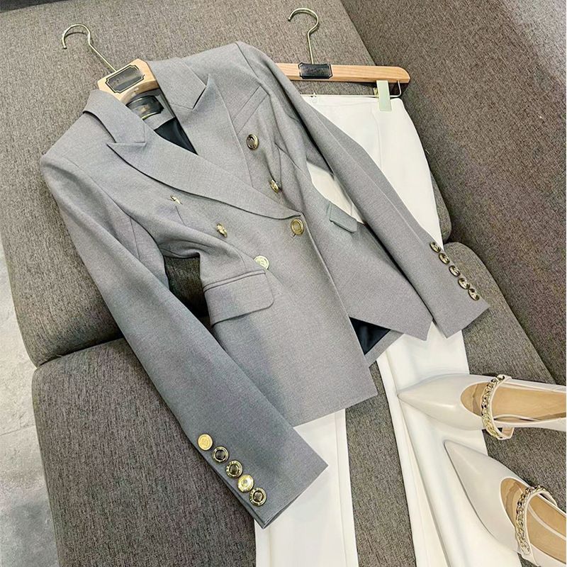 Women's Clothing Ready made gray good aura! Double breasted metal buckle slim fit commuter long sleeve blazer_maomaolike.com