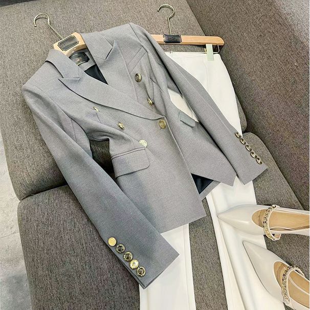 Women's Clothing Ready made gray good aura! Double breasted metal buckle slim fit commuter long sleeve blazer_maomaolike.com