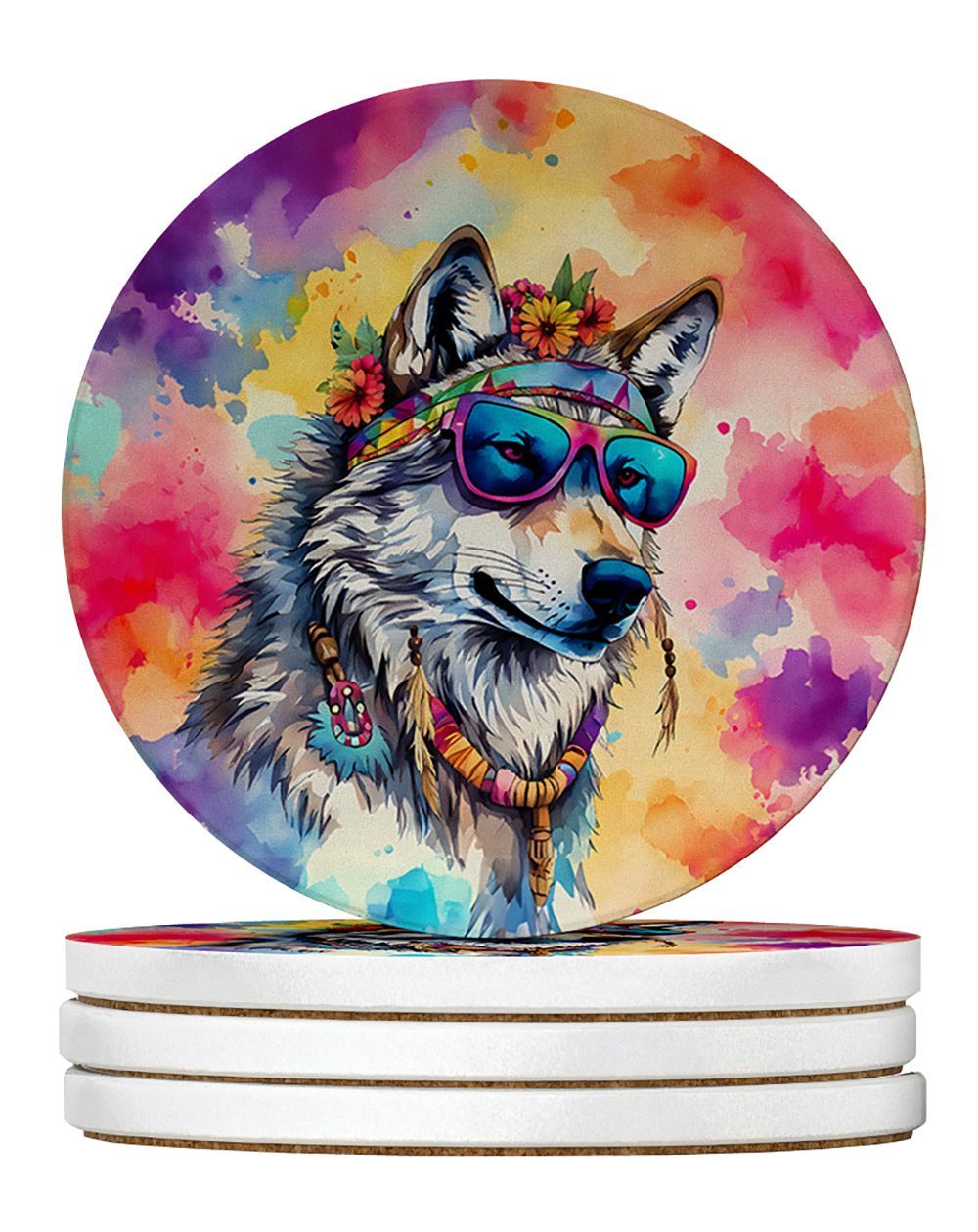 Hippie Animal Wolf Large Sandstone Coasters Pack Of 4 Absorbent Round Coasters Decor Gifts For Men Or Women, 4 In, Multicolor_maomaolike.com