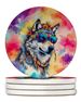 Hippie Animal Wolf Large Sandstone Coasters Pack Of 4 Absorbent Round Coasters Decor Gifts For Men Or Women, 4 In, Multicolor_maomaolike.com
