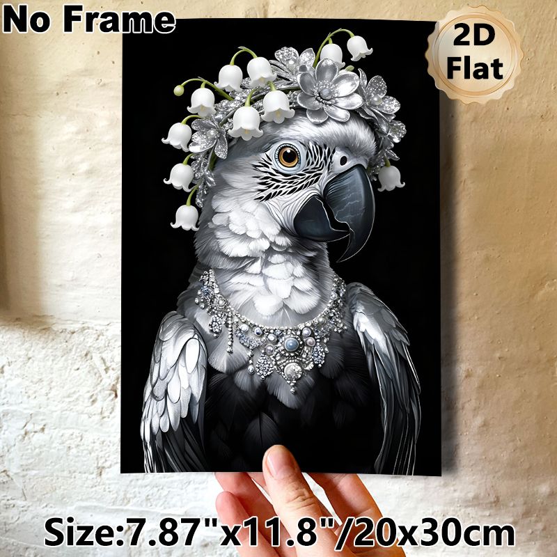 Adorned Parrot Painting Poster, Elegant Monochrome Parrot With Lily-of-the-valley Floral Crown And Gem Necklace Poster, Stylish Eye-catching Decor_maomaolike.com