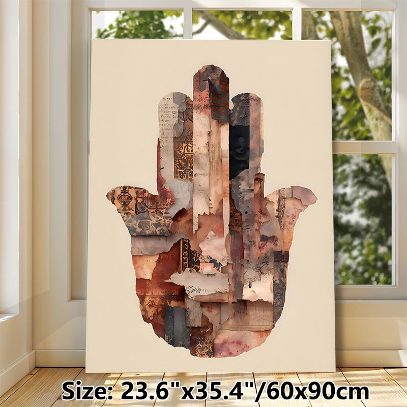 Hamsa Hand Themed Painting Poster, Vintage Collage Style Poster, Layered Aged Paper & Patterned Fragments Design, Unique Artistic Decor Ideal For_maomaolike.com