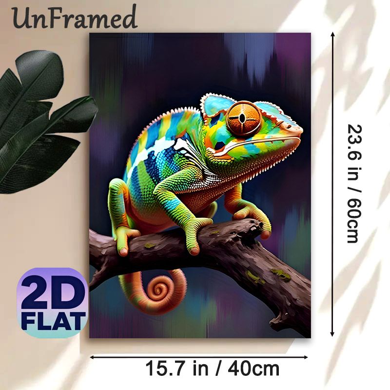 Chameleon Themed Painting Poster, Vibrant Realistic Colorful Chameleon Perched On Branch Poster, Eye-catching Artistic Decor Ideal For Living Room_maomaolike.com