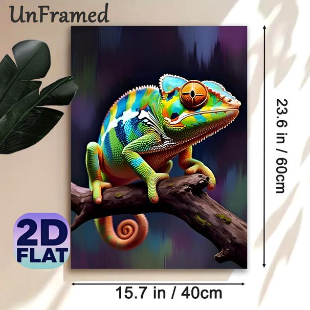 Chameleon Themed Painting Poster, Vibrant Realistic Colorful Chameleon Perched On Branch Poster, Eye-catching Artistic Decor Ideal For Living Room_maomaolike.com