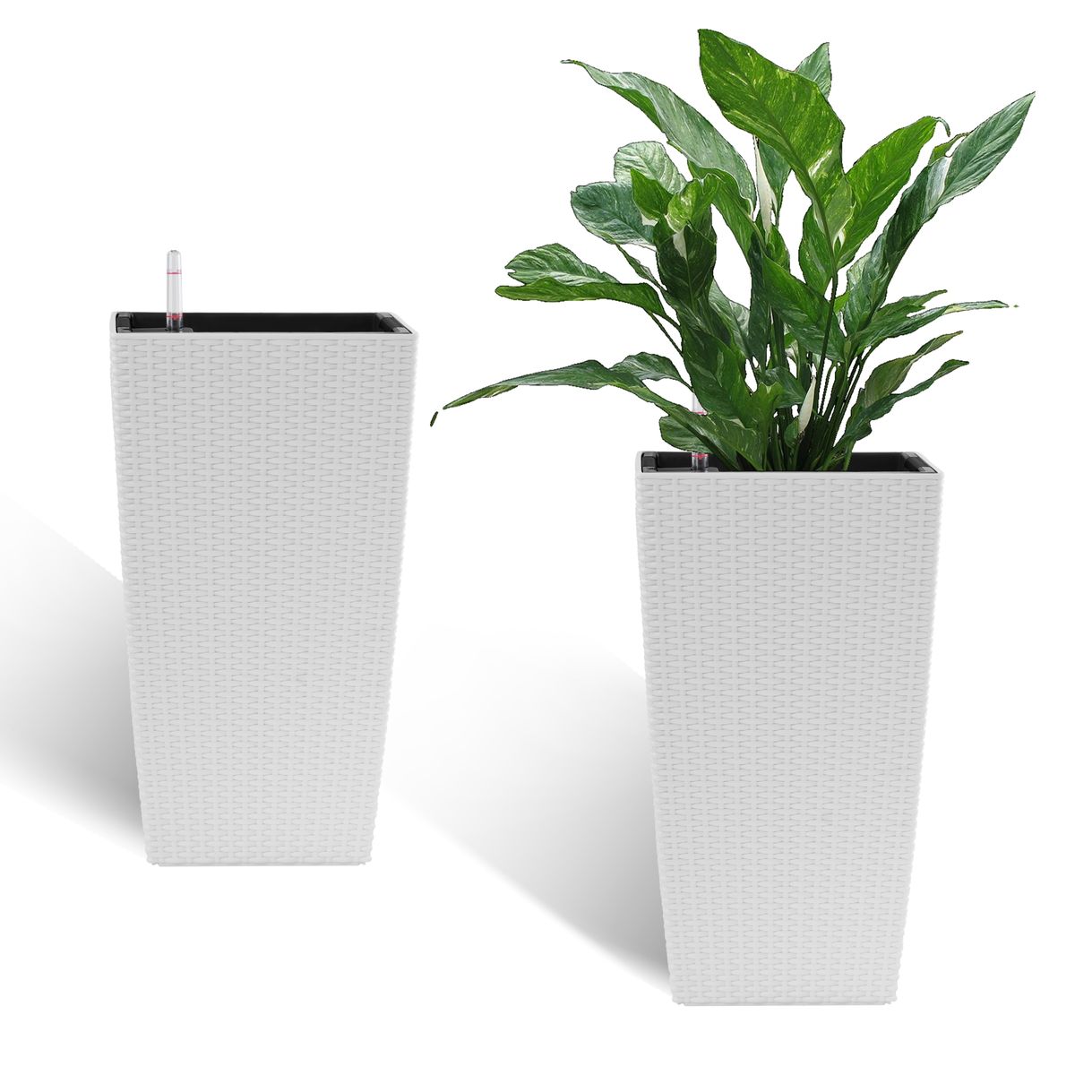 Indoor/Outdoor Modern Rattan Design Square Planter, 22.6 Inch White Plastic Large Planter With Automatic Watering System For Home And Garden (White, 22.6 Inch - 2 Pack)_maomaolike.com