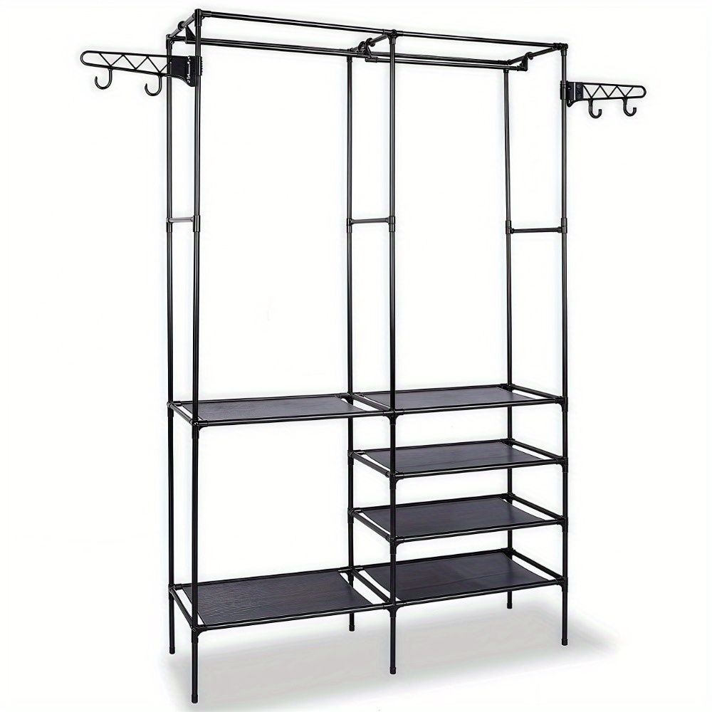 Clothing Rack Clothes Rack, 66'' Multifunctional Garment Rack For Hanging Clothes, 4 Tiers Portable Closet Rack With 4 Hooks & 2 Hanging Rods, Coated Metal Freestanding Closet Wardrobe System, Black_maomaolike.com