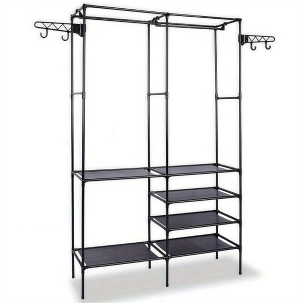 Clothing Rack Clothes Rack, 66'' Multifunctional Garment Rack For Hanging Clothes, 4 Tiers Portable Closet Rack With 4 Hooks & 2 Hanging Rods, Coated Metal Freestanding Closet Wardrobe System, Black_maomaolike.com