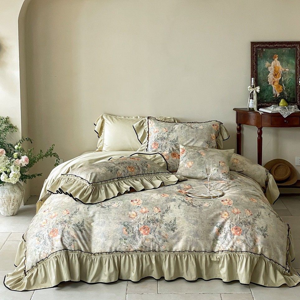 Nordic French Boho French-style Vintage Long-staple Four-piece Set, Pure Cotton Printed Oil Painting Style, Double_maomaolike.com
