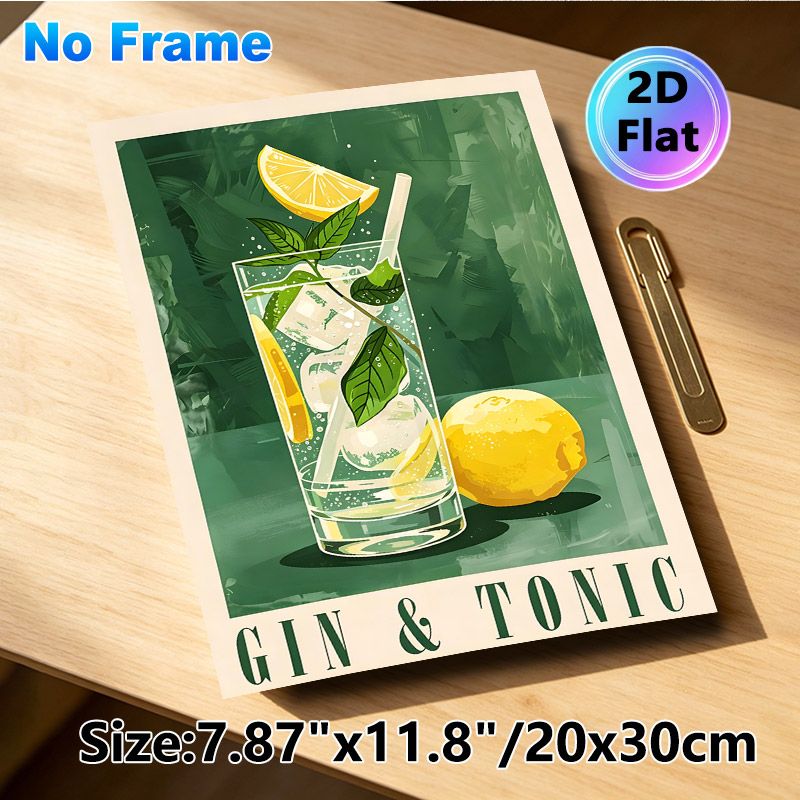 Gin & Tonic Themed Painting Poster, Vibrant Stylized Cocktail Illustration Poster, Refreshing Lemon-mint Drink Design, Ideal For Bar, Kitchen Or_maomaolike.com