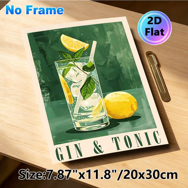 Gin & Tonic Themed Painting Poster, Vibrant Stylized Cocktail Illustration Poster, Refreshing Lemon-mint Drink Design, Ideal For Bar, Kitchen Or_maomaolike.com