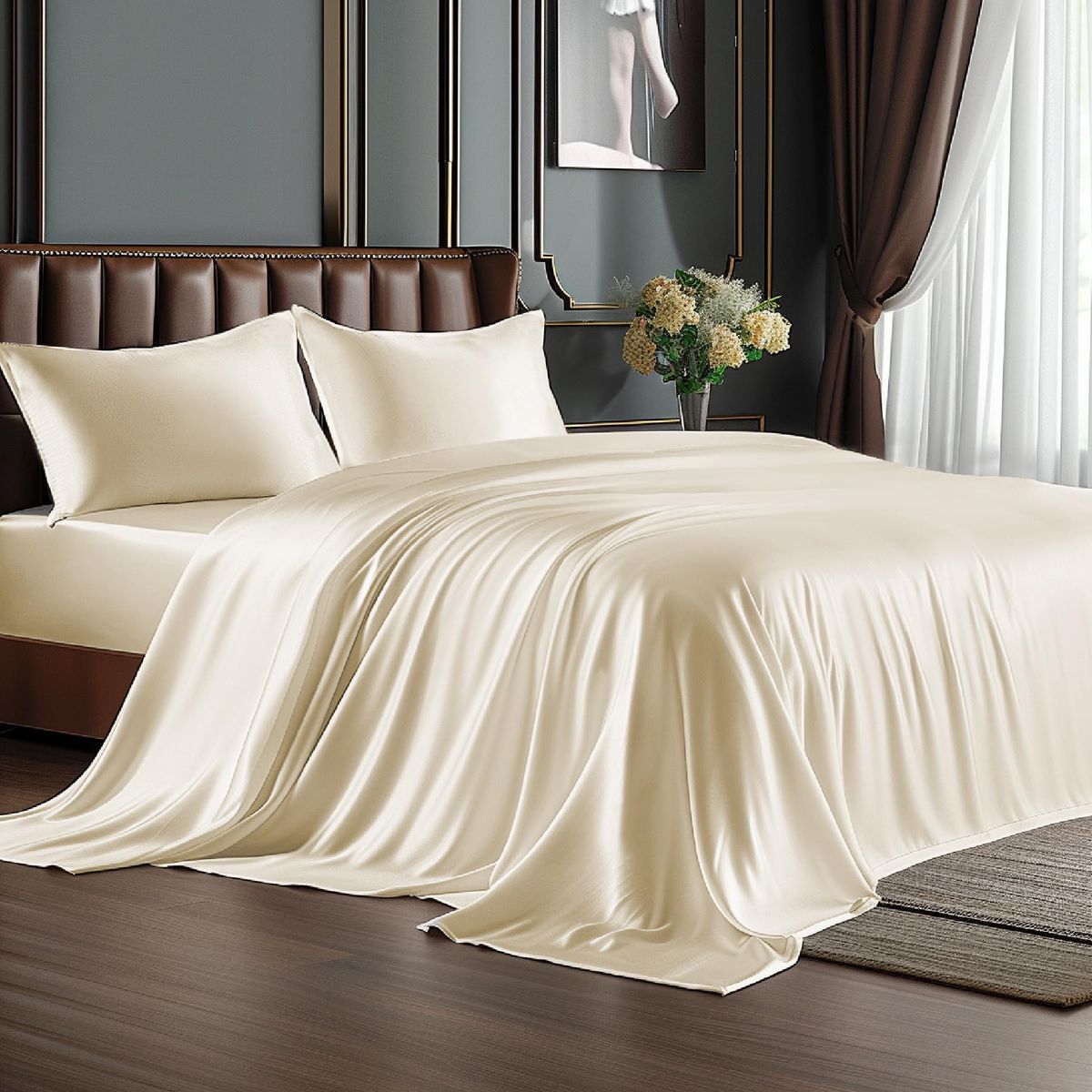 Satin Sheets Queen Size Bed Set, Black, 4 Pieces | Luxury Silky Bed Sheets, 15 Inch Deep Pocket, Similar To Silk, Soft And Cooling, Reduces Friction,_maomaolike.com