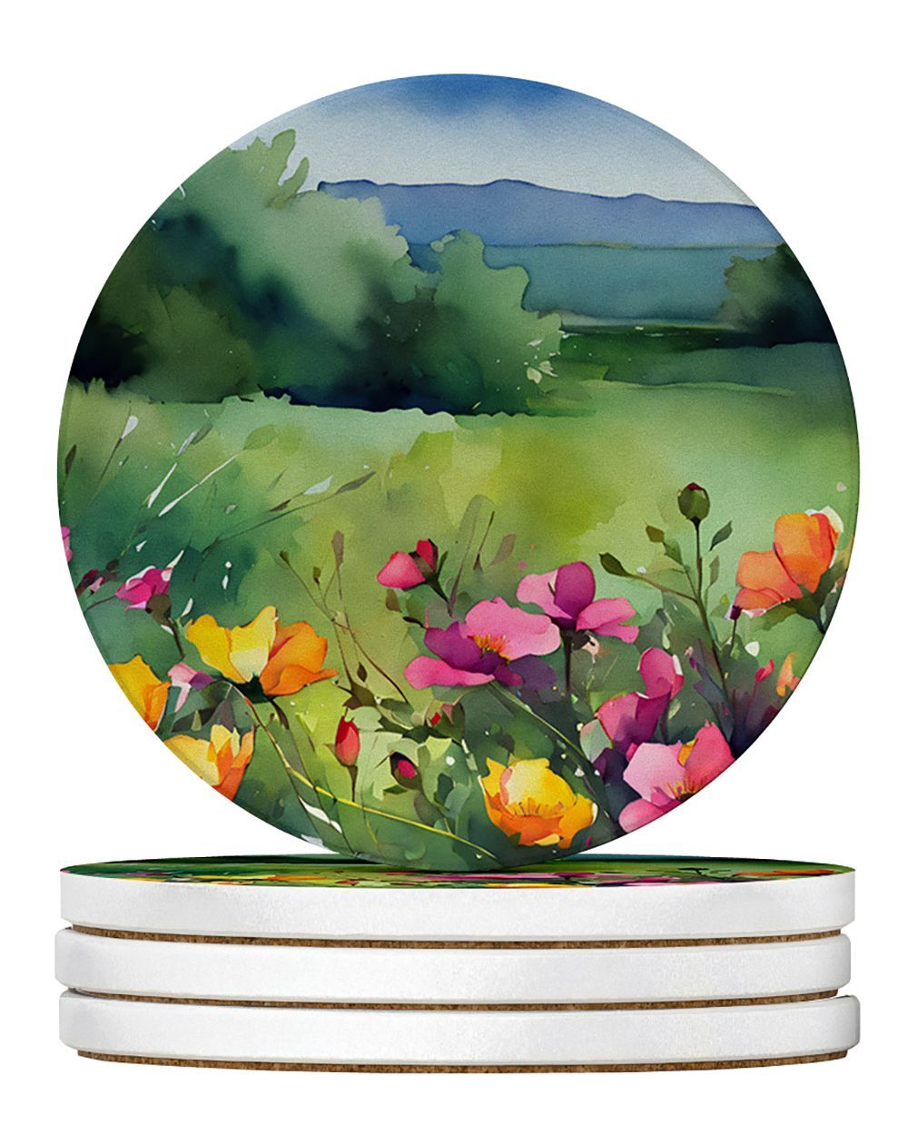 North Dakota Wild Prairie Roses In Watercolor Large Sandstone Coasters Pack Of 4 Absorbent Round Coasters Decor Gifts For Men Or Women, 4 In, Multicolor_maomaolike.com