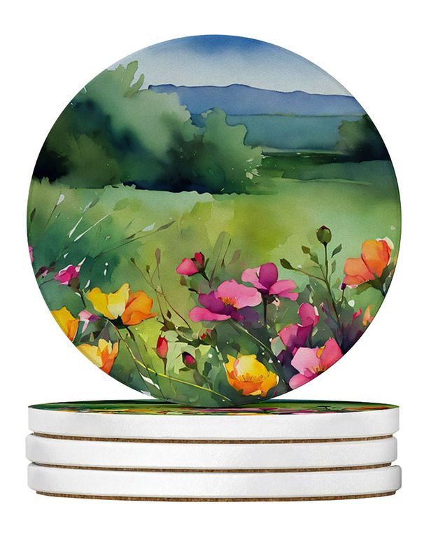 North Dakota Wild Prairie Roses In Watercolor Large Sandstone Coasters Pack Of 4 Absorbent Round Coasters Decor Gifts For Men Or Women, 4 In, Multicolor_maomaolike.com