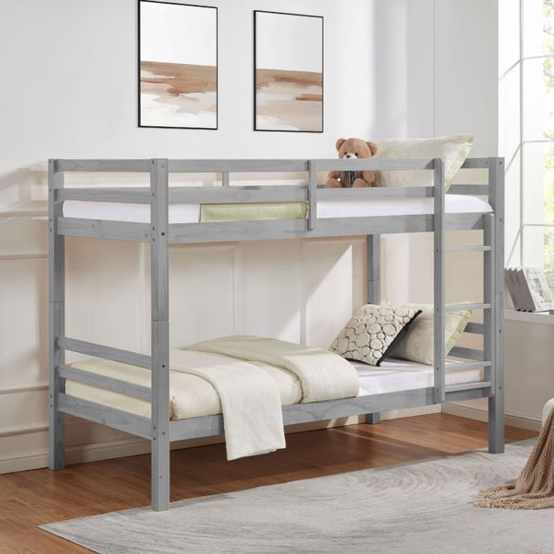 Twin Over Twin Bunk Bed With Thick Posts,Wooden Bunk Bed With High Guardrail And Ladder For Kids, Teens, Dorm Rooms, And Guest Rooms,No Box Spring Needed,Grey_maomaolike.com