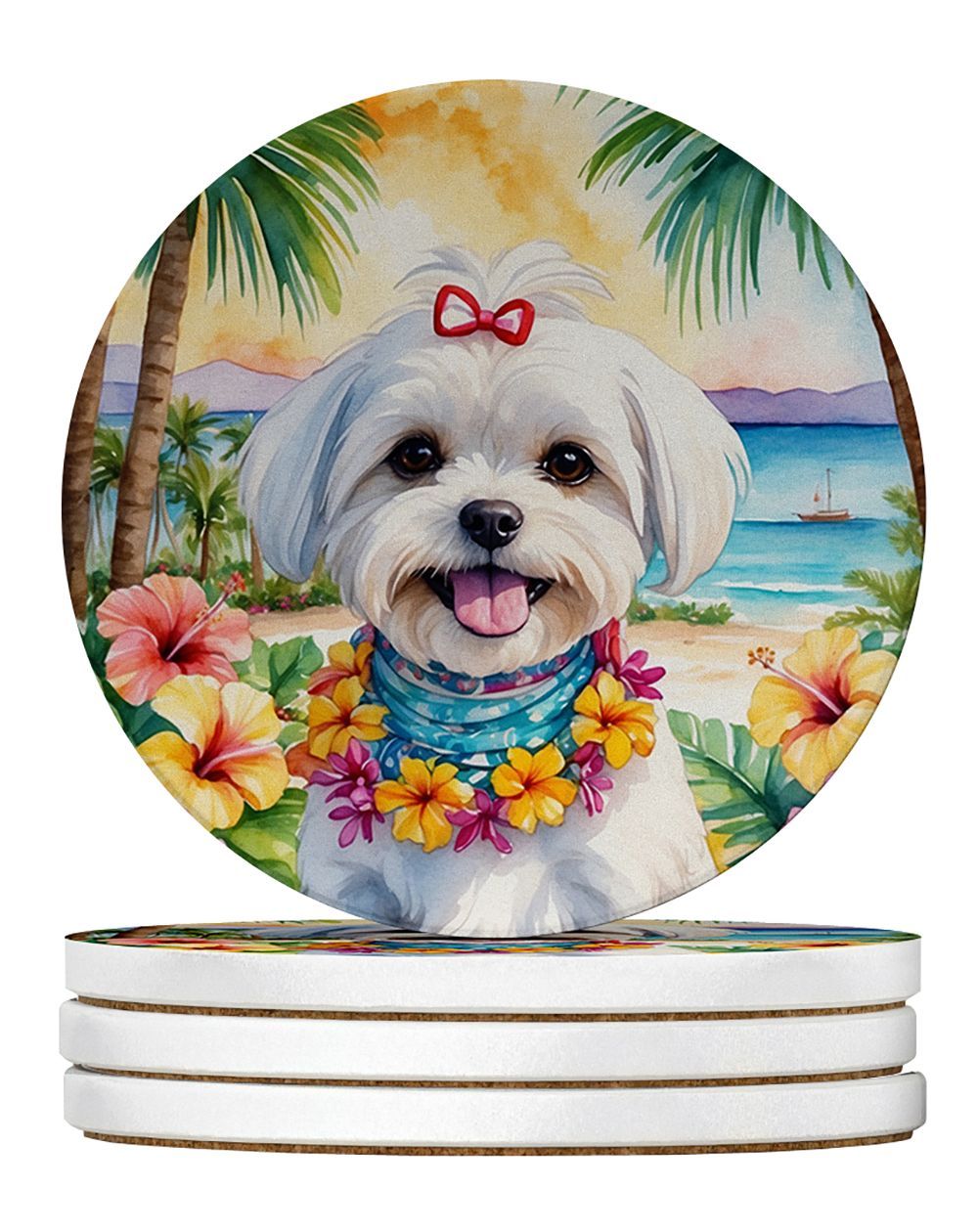 Maltese Luau Large Sandstone Coasters Pack Of 4 Absorbent Round Coasters Decor Gifts For Men Or Women, 4 In, Multicolor_maomaolike.com