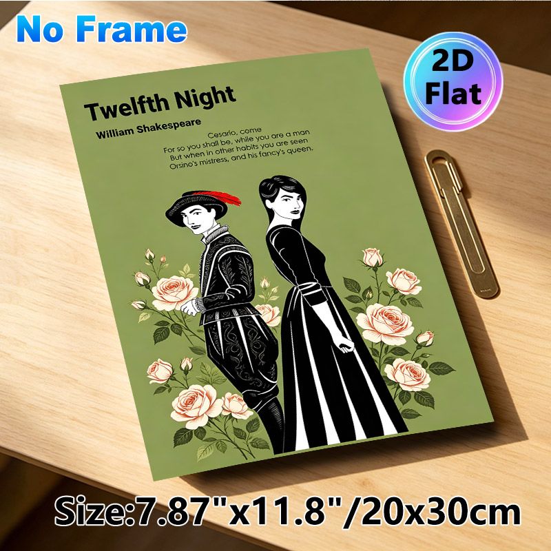 Twelfth Night Shakespeare Painting Poster, Elegant Vintage-style Poster, Features Iconic Dual Characters With Soft Roses, Literary-themed Decor Ideal_maomaolike.com