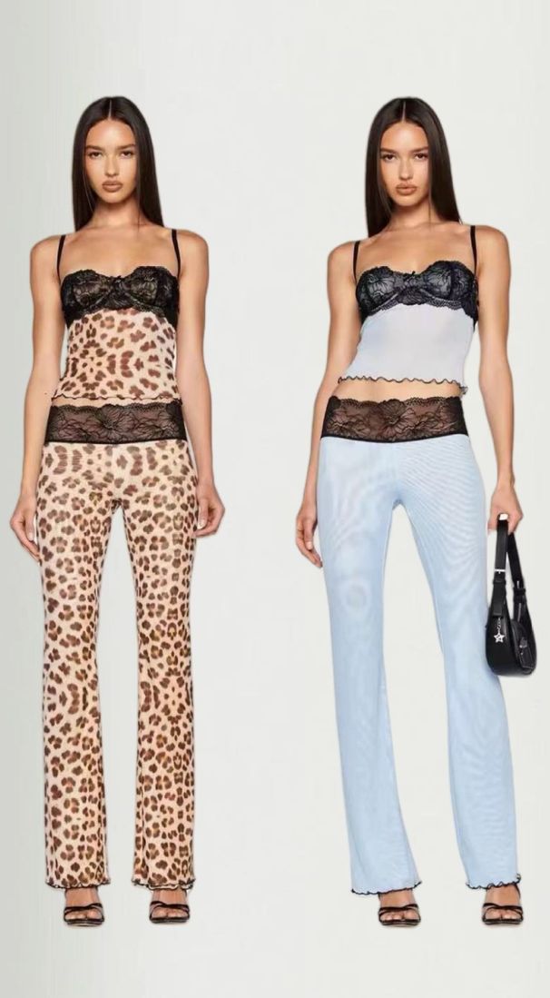 Women's Clothing Leopard print tops mesh see through lace tube top suspender trousers_maomaolike.com