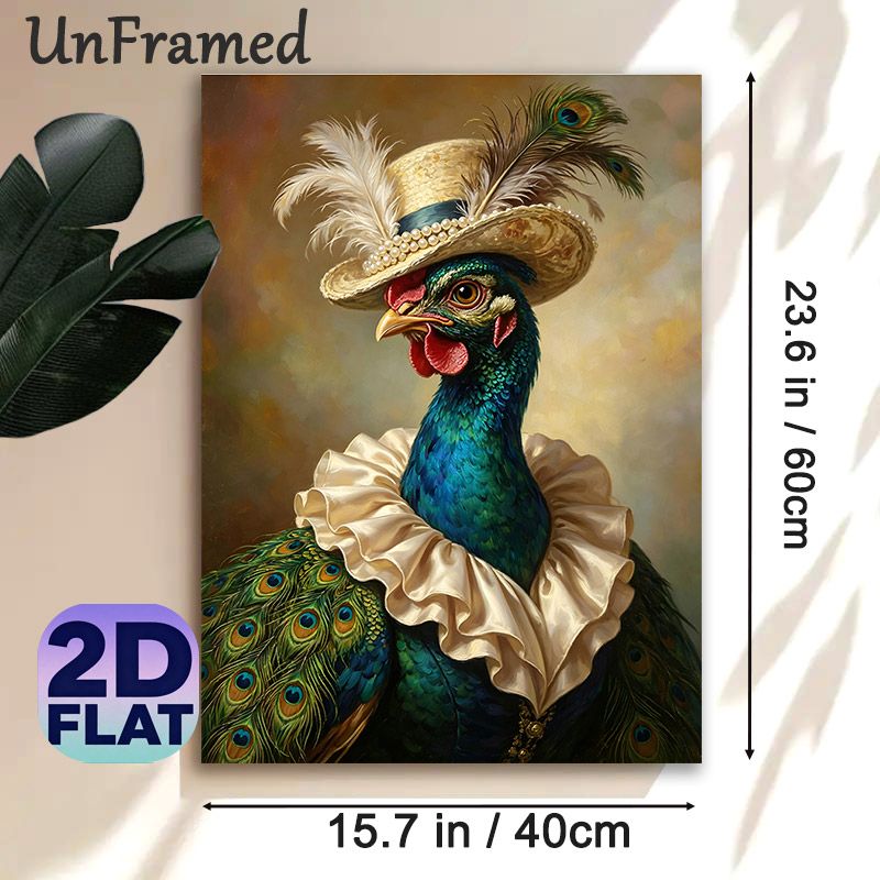 Anthropomorphic Peacock Painting Poster, Rich-hued Realistic Oil-style Poster, Elegant Peacock With Pearl-trimmed Hat & Ruffled Collar, Sophisticated_maomaolike.com