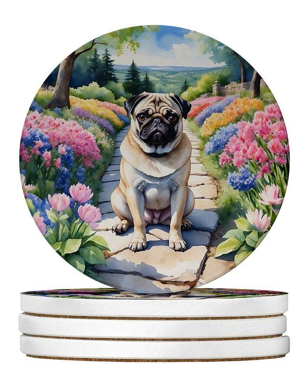 Pug Spring Path Large Sandstone Coasters Pack Of 4 Absorbent Round Coasters Decor Gifts For Men Or Women, 4 In, Multicolor_maomaolike.com
