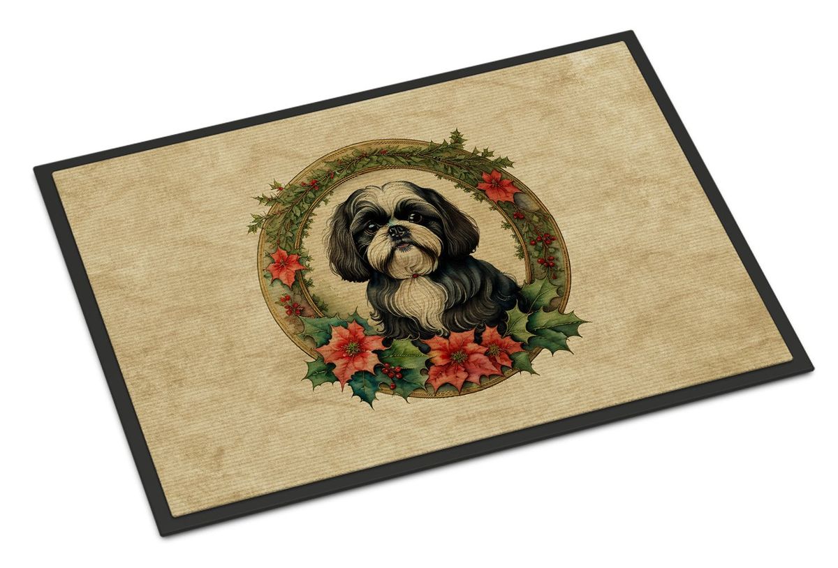 Shih Tzu Christmas Flowers Doormat Front Door Mat Indoor Outdoor Rugs For Entryway, Non Slip Washable Low Pile, 24H X 36W_maomaolike.com