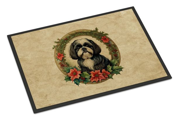 Shih Tzu Christmas Flowers Doormat Front Door Mat Indoor Outdoor Rugs For Entryway, Non Slip Washable Low Pile, 24H X 36W_maomaolike.com