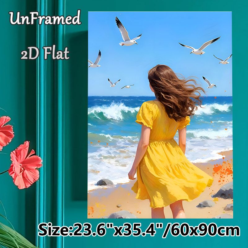 Seaside Girl Painting Poster, Vivid Oil-style Coastal Scene Poster, Calming Ocean View With Flying Seagulls, Ideal For Bedroom, Living Room And_maomaolike.com