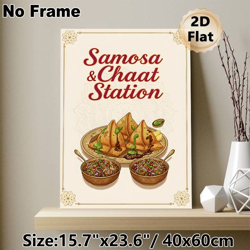 Samosa & Chaat Themed Painting Poster, Warm-toned Ethnic Illustrated Indian Street Food Poster, Delivers Authentic Culinary Vibe, Suitable For_maomaolike.com