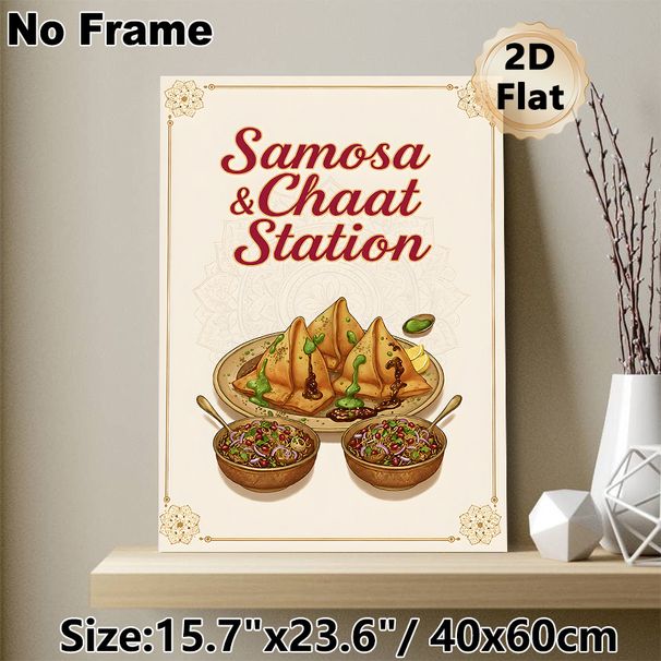 Samosa & Chaat Themed Painting Poster, Warm-toned Ethnic Illustrated Indian Street Food Poster, Delivers Authentic Culinary Vibe, Suitable For_maomaolike.com