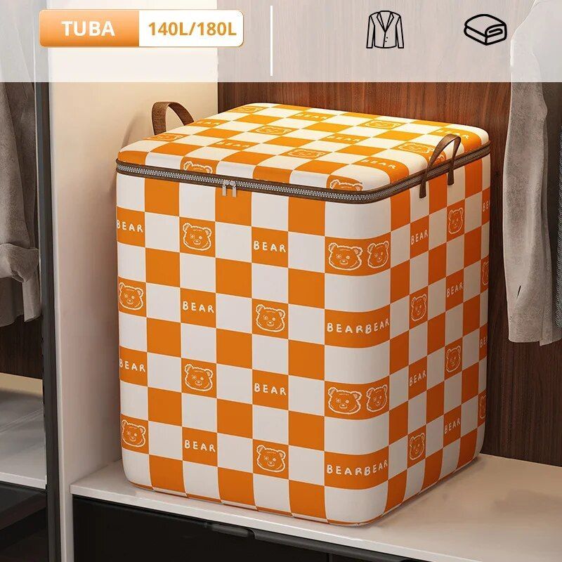 Portable Large Capacity Quilt Storage Bag Cute Bear Plaid Pattern Clothes Organizer For Home Moving_maomaolike.com
