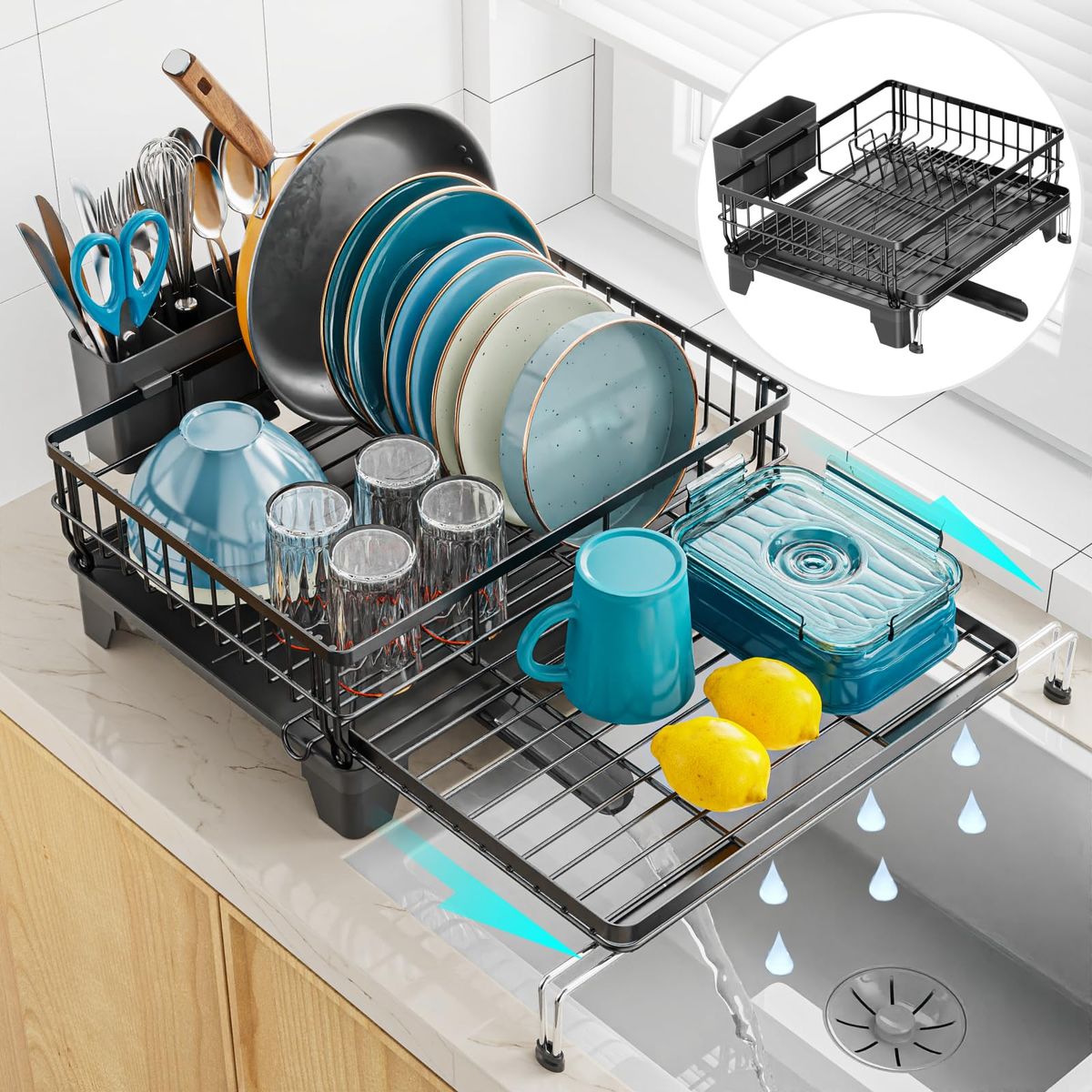 GSlife Large 2 Tier Dish Drying Rack - Expandable Over Sink & Counter Use_maomaolike.com