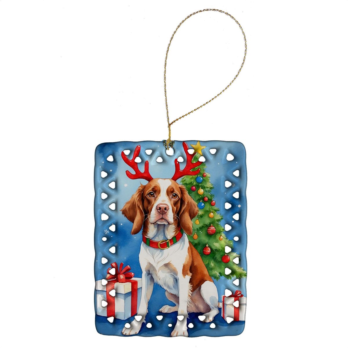 Brittany Spaniel Christmas Reindeer Porcelain Ornament Christmas Tree Hanging Decorations For Home Christmas Holiday, Rectangle, Gift, Multicolor_maomaolike.com