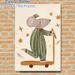 Sleepy Mouse Painting Poster, Warm-toned Cute Hand-drawn Poster, Whimsical Night-themed Design With Mouse In Striped Nightwear Riding Scooter, Ideal_maomaolike.com