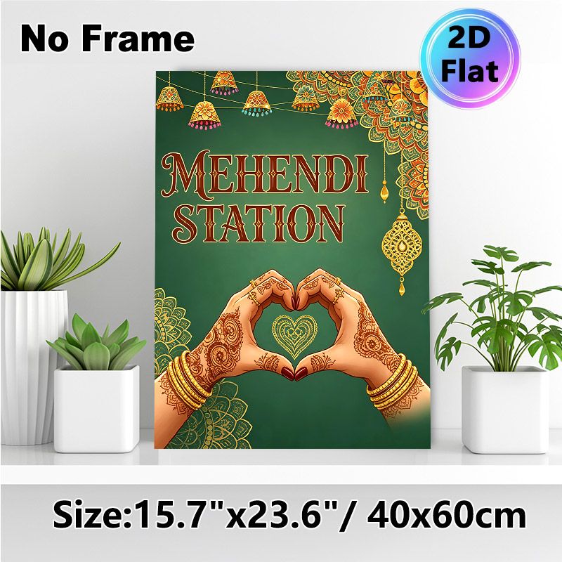 Mehendi Station Painting Poster, Vibrant Traditional Indian Style Poster, Intricate Henna Hands Heart Gesture With Ornate Golden Decor, Brings_maomaolike.com