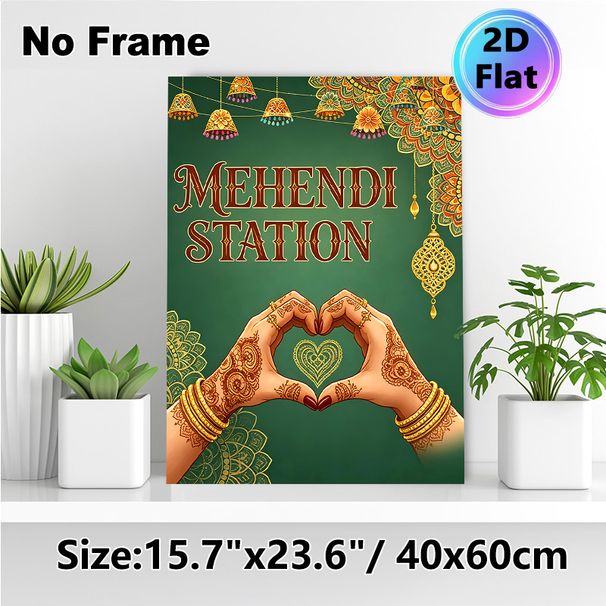 Mehendi Station Painting Poster, Vibrant Traditional Indian Style Poster, Intricate Henna Hands Heart Gesture With Ornate Golden Decor, Brings_maomaolike.com