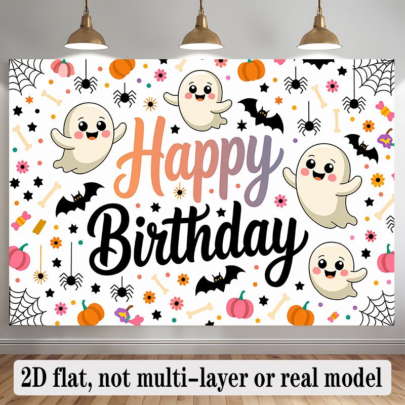 Happy Birthday Halloween Banner - 2D Flat Polyester Backdrop With Ghosts, Pumpkins, Bats, Spiders, Wall Hanging Party Decor_maomaolike.com