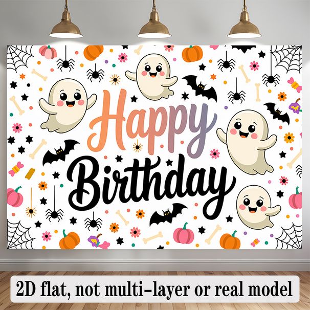 Happy Birthday Halloween Banner - 2D Flat Polyester Backdrop With Ghosts, Pumpkins, Bats, Spiders, Wall Hanging Party Decor_maomaolike.com