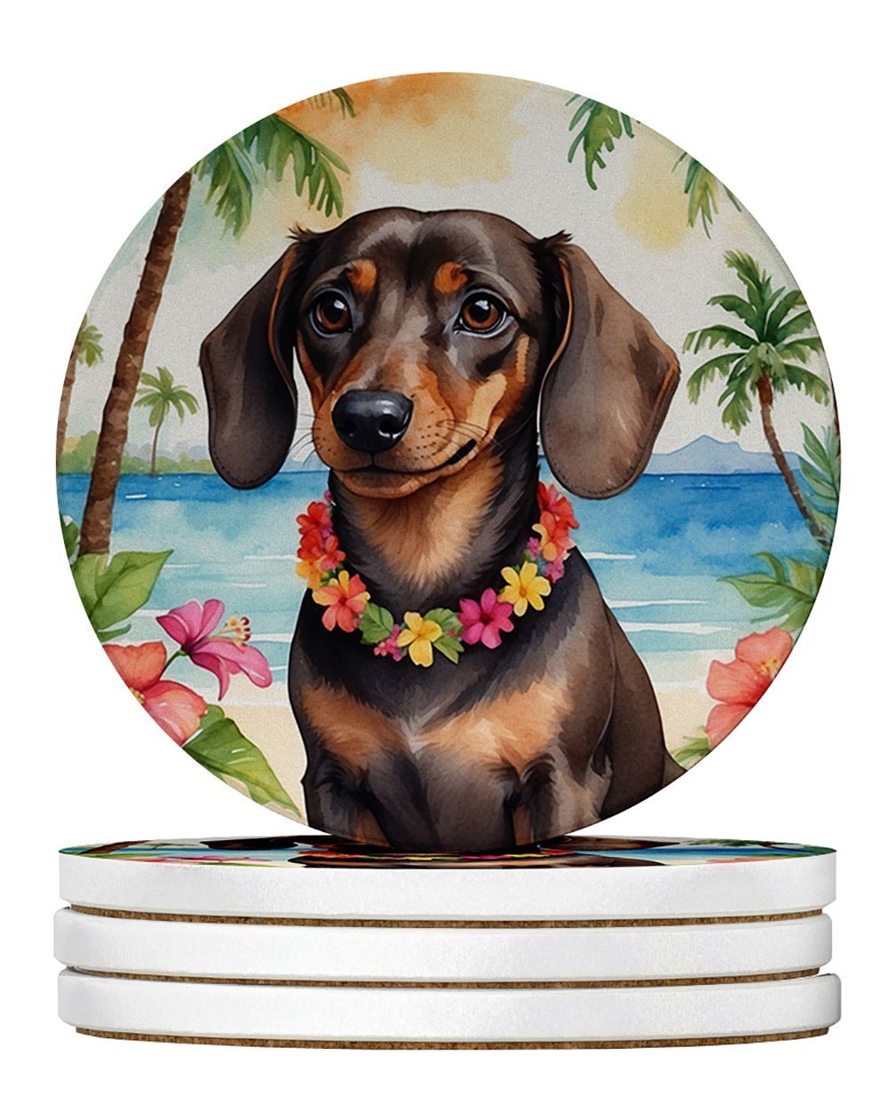 Dachshund Luau Large Sandstone Coasters Pack Of 4 Absorbent Round Coasters Decor Gifts For Men Or Women, 4 In, Multicolor_maomaolike.com