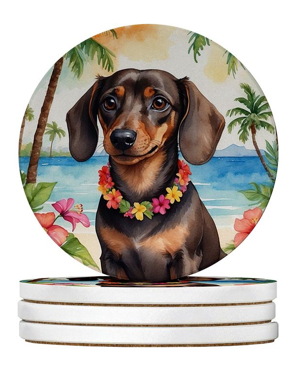 Dachshund Luau Large Sandstone Coasters Pack Of 4 Absorbent Round Coasters Decor Gifts For Men Or Women, 4 In, Multicolor_maomaolike.com