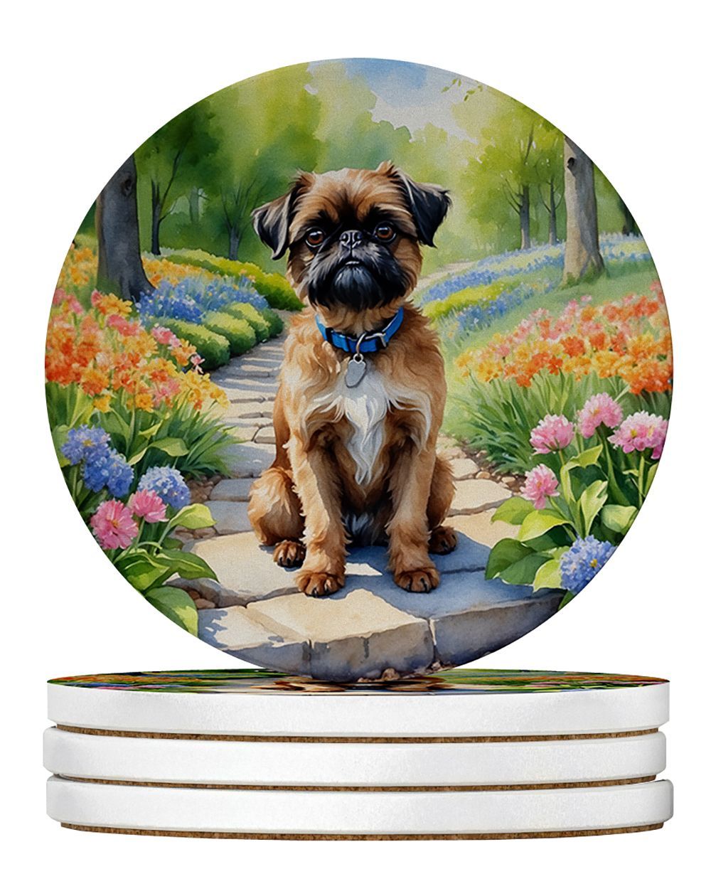 Brussels Griffon Spring Path Large Sandstone Coasters Pack Of 4 Absorbent Round Coasters Decor Gifts For Men Or Women, 4 In, Multicolor_maomaolike.com