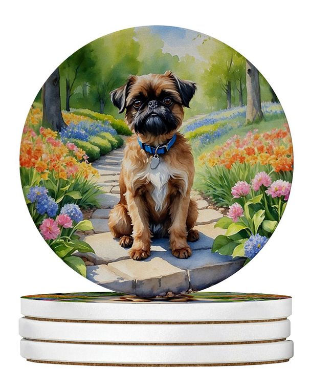 Brussels Griffon Spring Path Large Sandstone Coasters Pack Of 4 Absorbent Round Coasters Decor Gifts For Men Or Women, 4 In, Multicolor_maomaolike.com