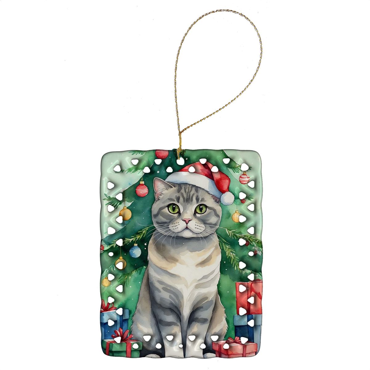 Scottish Fold Cat By The Christmas Tree Porcelain Ornament Christmas Tree Hanging Decorations For Home Christmas Holiday, Rectangle, Gift, Multicolor_maomaolike.com