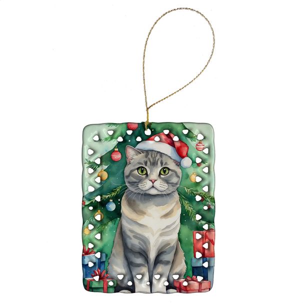 Scottish Fold Cat By The Christmas Tree Porcelain Ornament Christmas Tree Hanging Decorations For Home Christmas Holiday, Rectangle, Gift, Multicolor_maomaolike.com